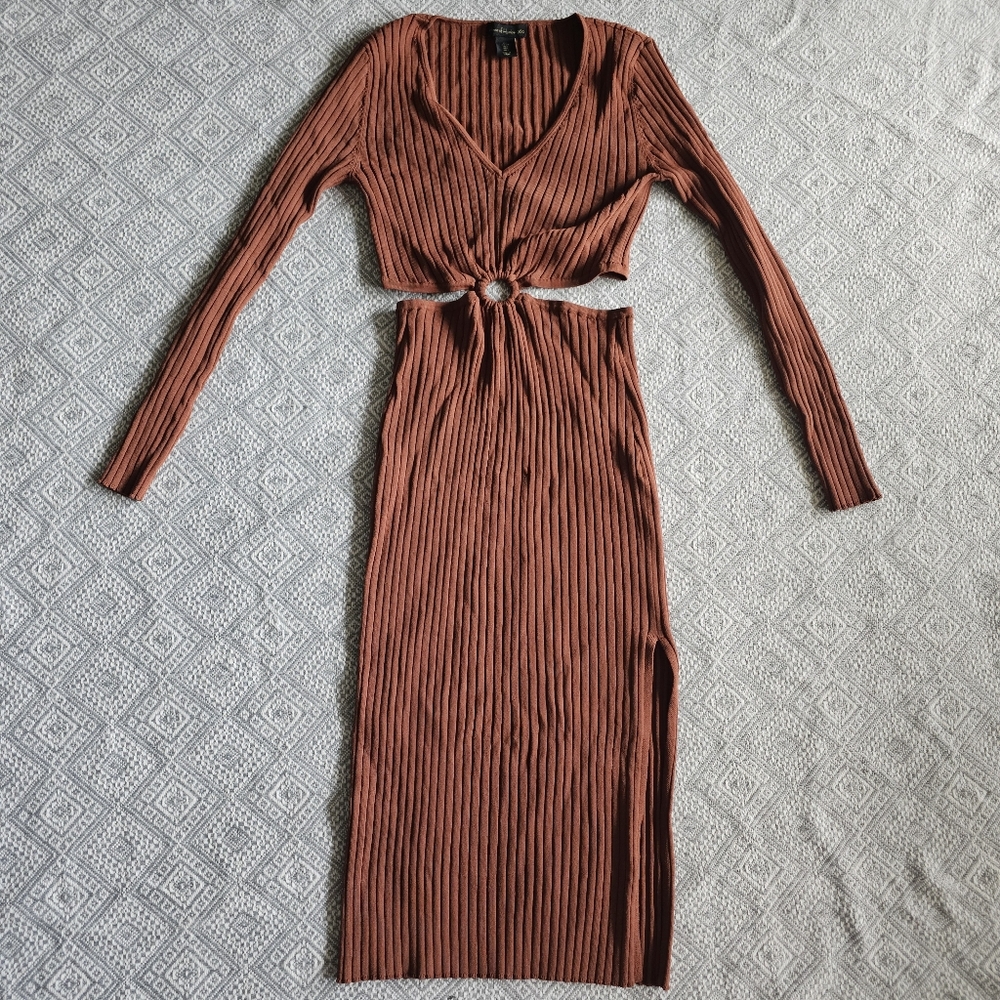 House Of Harlow 1960 Long Sleeve Ribbed O Ring Midi Dress Rust Orange - Fall - S - Picture 1 of 16